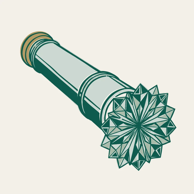 Pochoir stencil illustration of a handheld kaleidoscope, a geometric rosette of facets blooming from its end, the eyepiece ring in brass