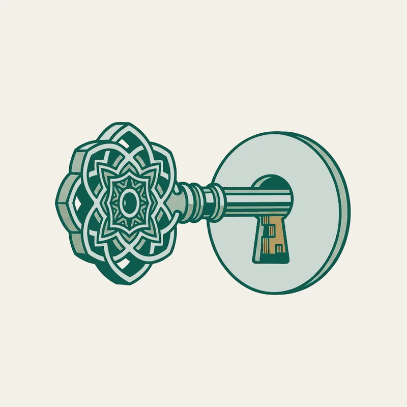 Pochoir stencil illustration of an ornate skeleton key mid-turn in a keyhole, its bow a geometric rosette, the lock's brass mechanism visible through the plate