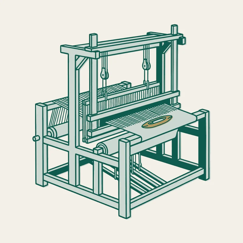 Pochoir stencil illustration of a hand loom with warp threads under tension and the weaver's shuttle in brass