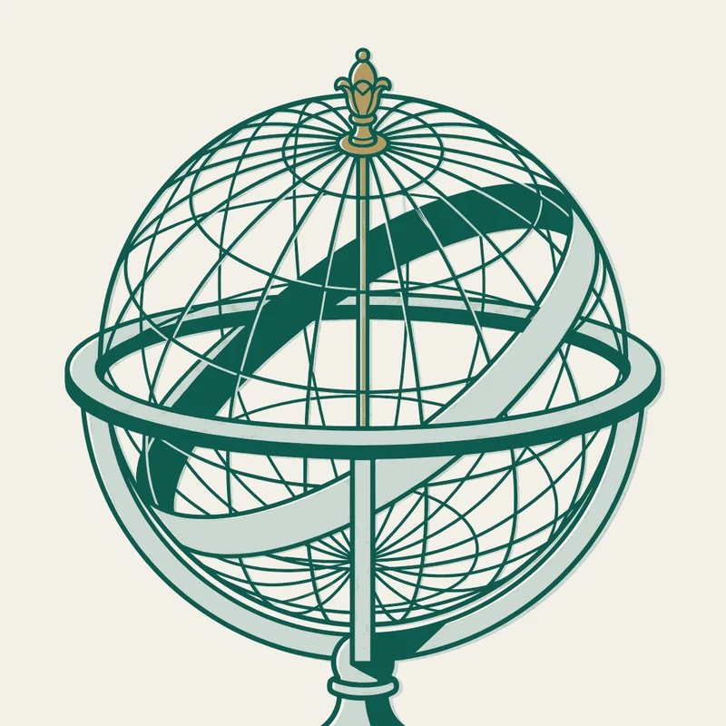 Pochoir stencil illustration of an armillary sphere, its meridians converging at a brass pole and finial