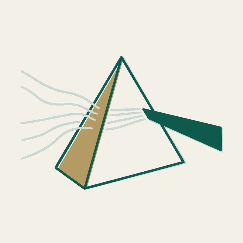 Pochoir stencil illustration of wavering lines entering a prism and emerging as one strong beam, the prism face in brass