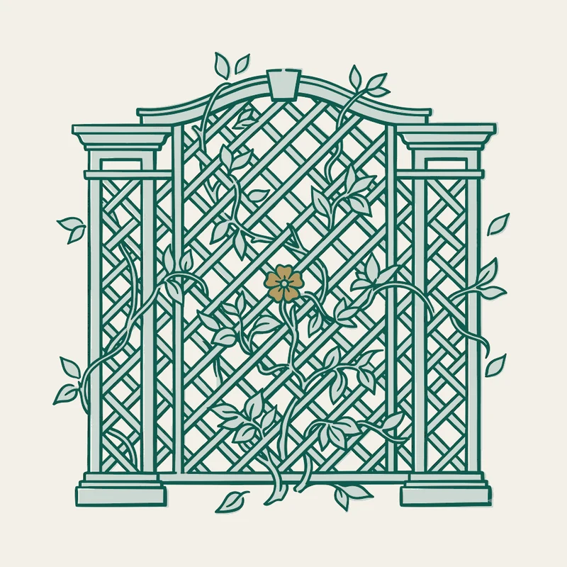 Pochoir stencil illustration of a garden trellis with vines woven through its lattice, a single blossom picked out in brass
